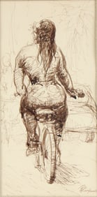 Philipe Camporeale, Woman Riding a Bike, Ink Drawing