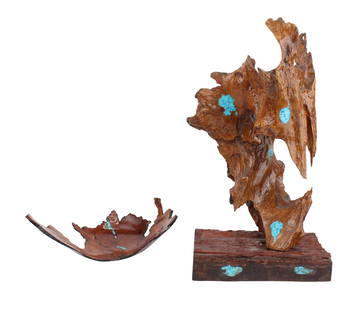 Two Turquoise Inlaid Free-Form Wood Objects: Two Turquoise Inlaid Free-Form Wood ObjectsComprising, a sculpture and a bowl-shaped object, signed underside "M. Eric, Hester, Manzineta, Burl, Santa Fe".Bowl: 5 1/2 x 16 x 11 in. (14 x 40.6 x 27.9 c