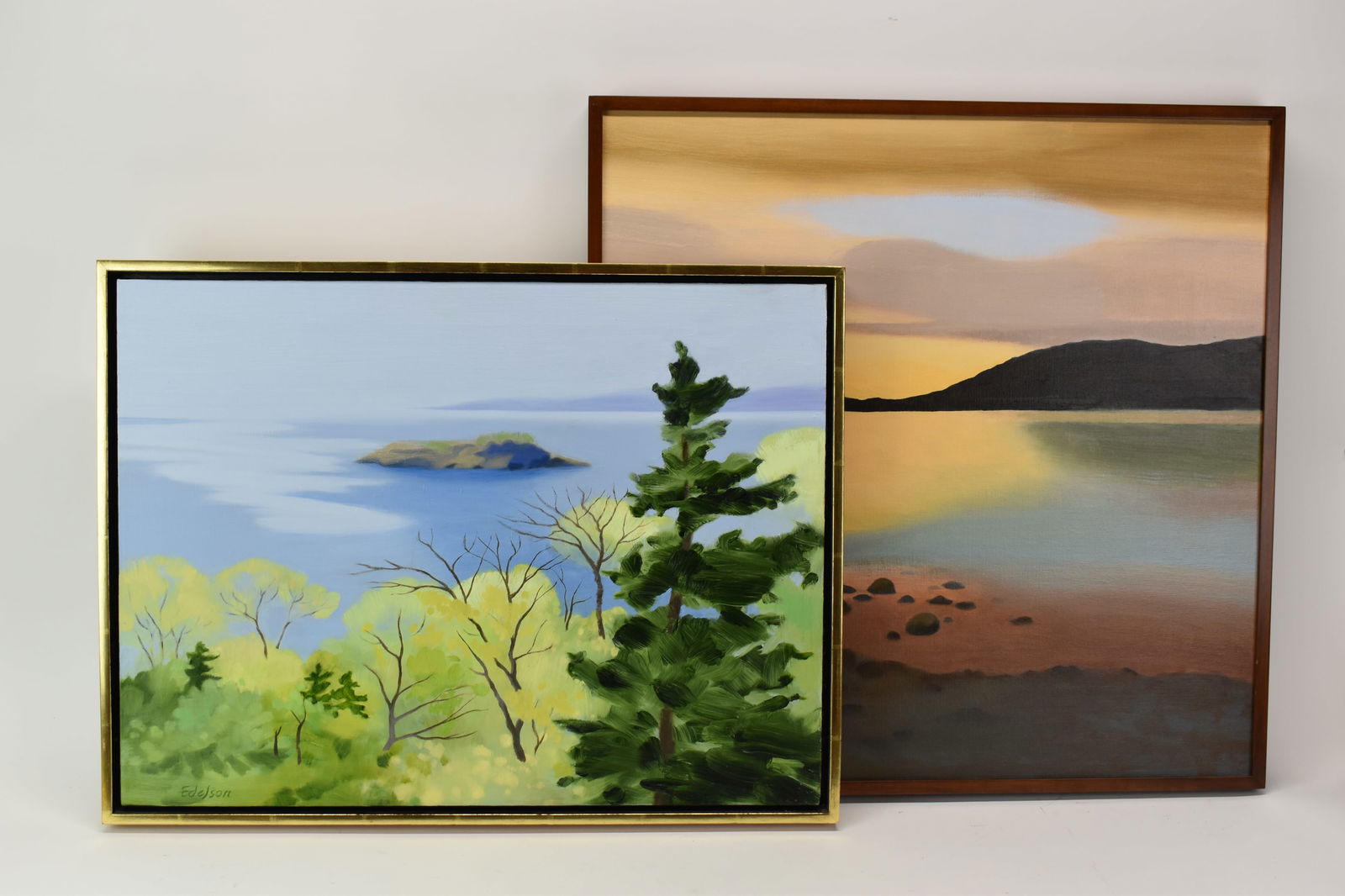 Two Contemporary Oil On Canvas Paintings: Two Contemporary Oil On Canvas PaintingsTwo Contemporary Oil On Canvas Paintings. Sun set over lake signed Edelson and the other Spruce with Pastel Shore signed Edelson. Largest measures 24 1/2" x 24