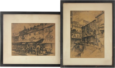 Henry Berlin, Two City Scenes, Charcoal Drawings