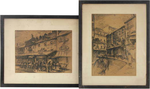 Henry Berlin, Two City Scenes, Charcoal Drawings: Henry BerlinTwo City ScenesCharcoal DrawingsBoth signed, depicting figures on streets.Sight: 17 1/2 x 12 1/4 in. (44.5 x 31.1 cm.), Frame: 25 x 20 in. (63.5 x 50.8 cm.)