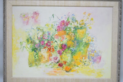 Modern Oil on Canvas Still Life of Vases and Flower