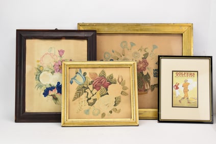 Three Antique Folk Art Floral Still Life Watercolors