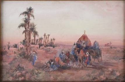 Jeanne Pascal, Arabic Landscape with Figures, Gouache on Paper
