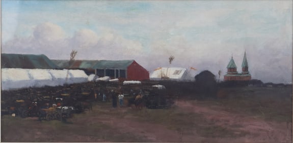 Rural Farmscene with Red Barn, Oil on Panel
