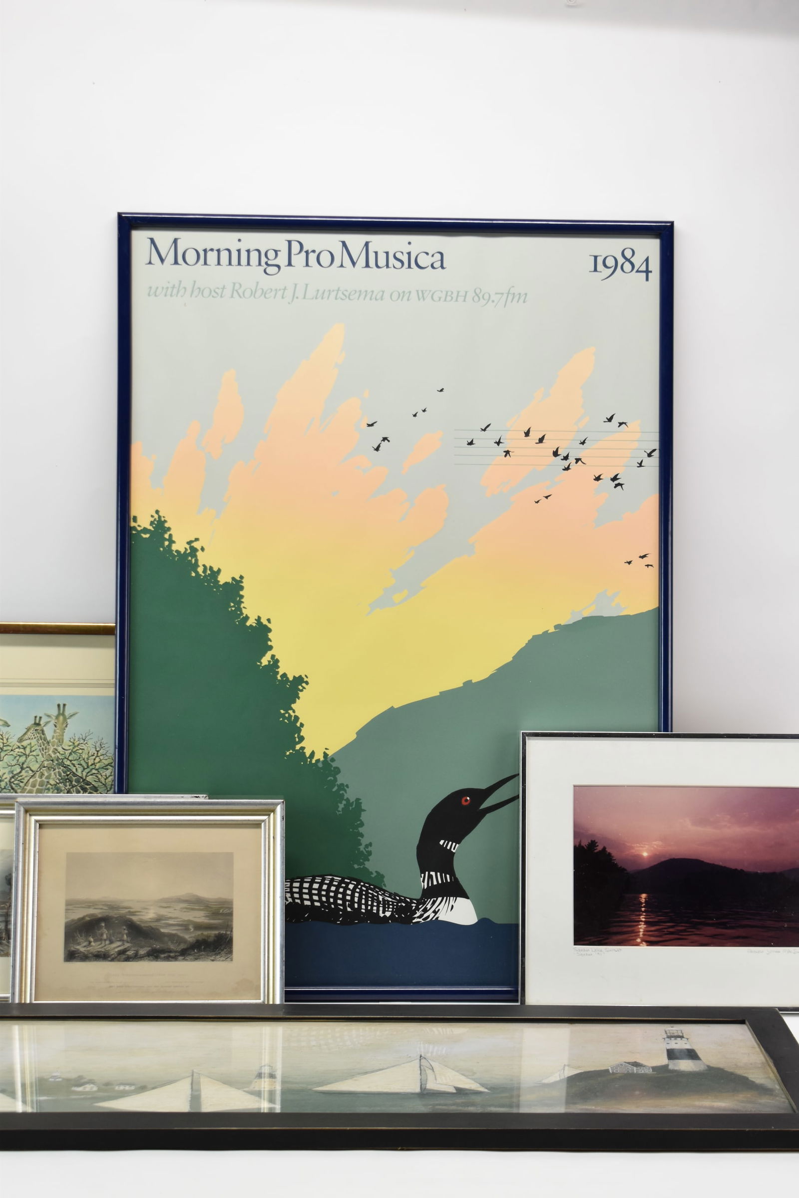Group of Assorted Artwork: Group of Assorted ArtworkGroup of Assorted Artwork. Comprising Giraffe and Thorn Trees limited edition 250/500 print with artist Charles Baskerville signature, photo of Squaw Lake Sunset signed and da