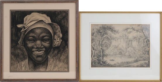 Figures on Rowboat in Landscape, Pencil on Paper