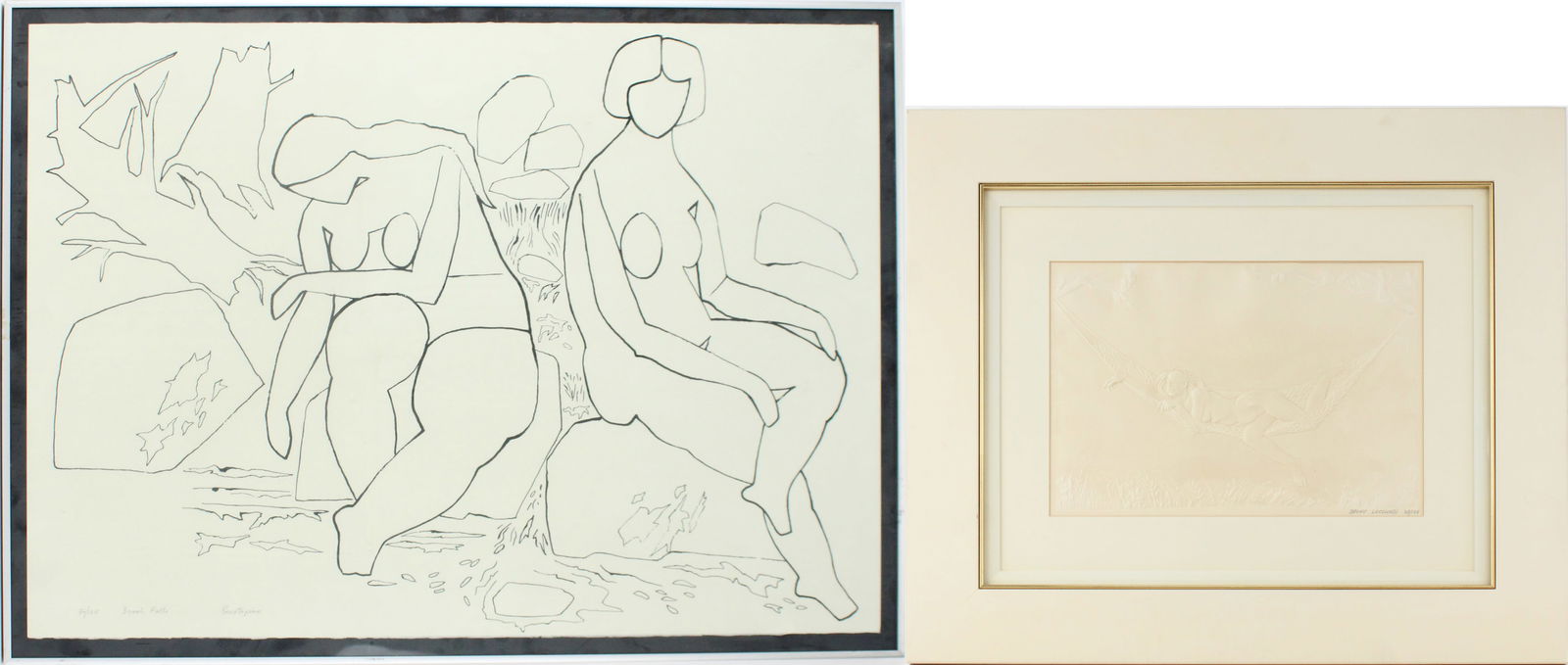 Bruno Lucchesi, American 1926, Woman in Hammock, Embossed Lithograph: Bruno LucchesiAmerican, 1926Woman in HammockEmbossed LithographSigned l.r. and numbered 38/125. Together with Gregorio Prestopino, Lithograph on Paper, titled "Brook Falls", numbered 36/125Sight: 10 x