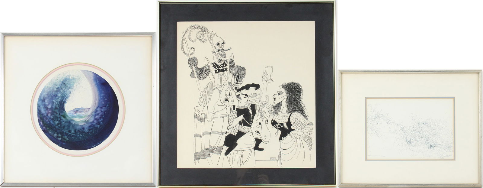 Curl of a Wave, Watercolor: Curl of a WaveWatercolorBears label verso attributing to Valfred Thelin. Together with a pen and ink drawing of a shrub, signed l.l. and an ink drawing after Al Hirschfeld of Don Quixote, signed "HIRS