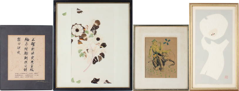 Lawson Wood, British 1878-1957, Monkey Riding an Elephant, Print: Lawson WoodBritish, 1878-1957Monkey Riding an ElephantPrintSigned in print. Together with pressed flowers and butterflies, Chinese calligraphy, and an abstract figure, signed in pencil. 4 pieces.Large
