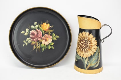 Toleware Style Sunflower Decorated Pitcher
