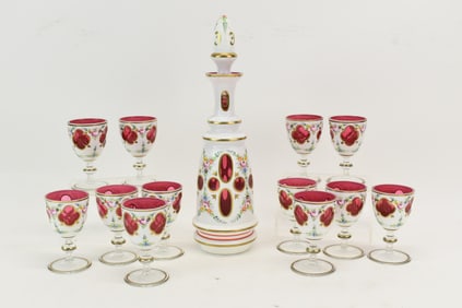 Vintage Bohemian Cranberry Cut Glass Decanter Set
