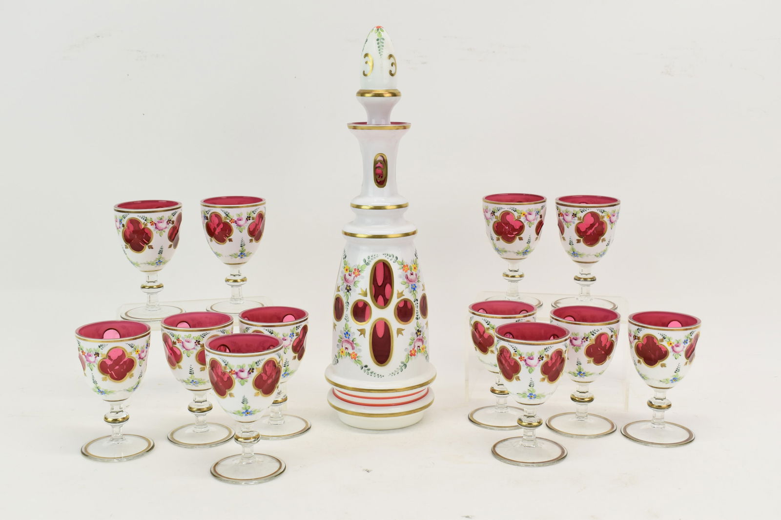 Vintage Bohemian Cranberry Cut Glass Decanter Set (1 of 8)