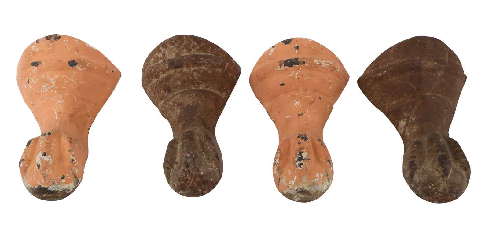 Four Cast-Iron Claw Foot Tub Feet: Four Cast-Iron Claw Foot Tub Feet 19th/20th C. Rust, losses to paint. 6 1/2 x 5 x 3 1/2 in. (16.5 x 12.7 x 8.9 cm.)