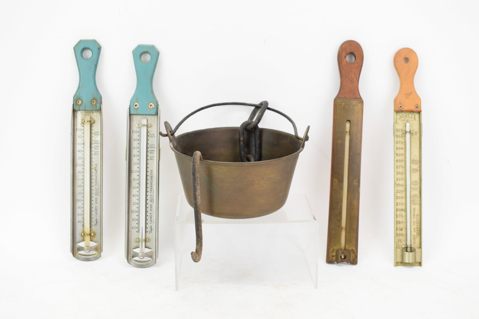 Group of Four Candy and Jelly Thermometers: Group of Four Candy and Jelly Thermometers Group of Four Candy, Fat Frying and Jelly Thermometers. Together with a brass Jelly pale. Made by Surety and Taylor, each are about 11 1/2" long