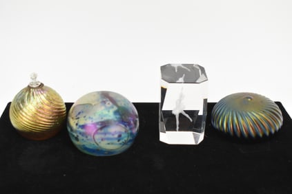 Two Iridescent Modern Art Glass Paperweights