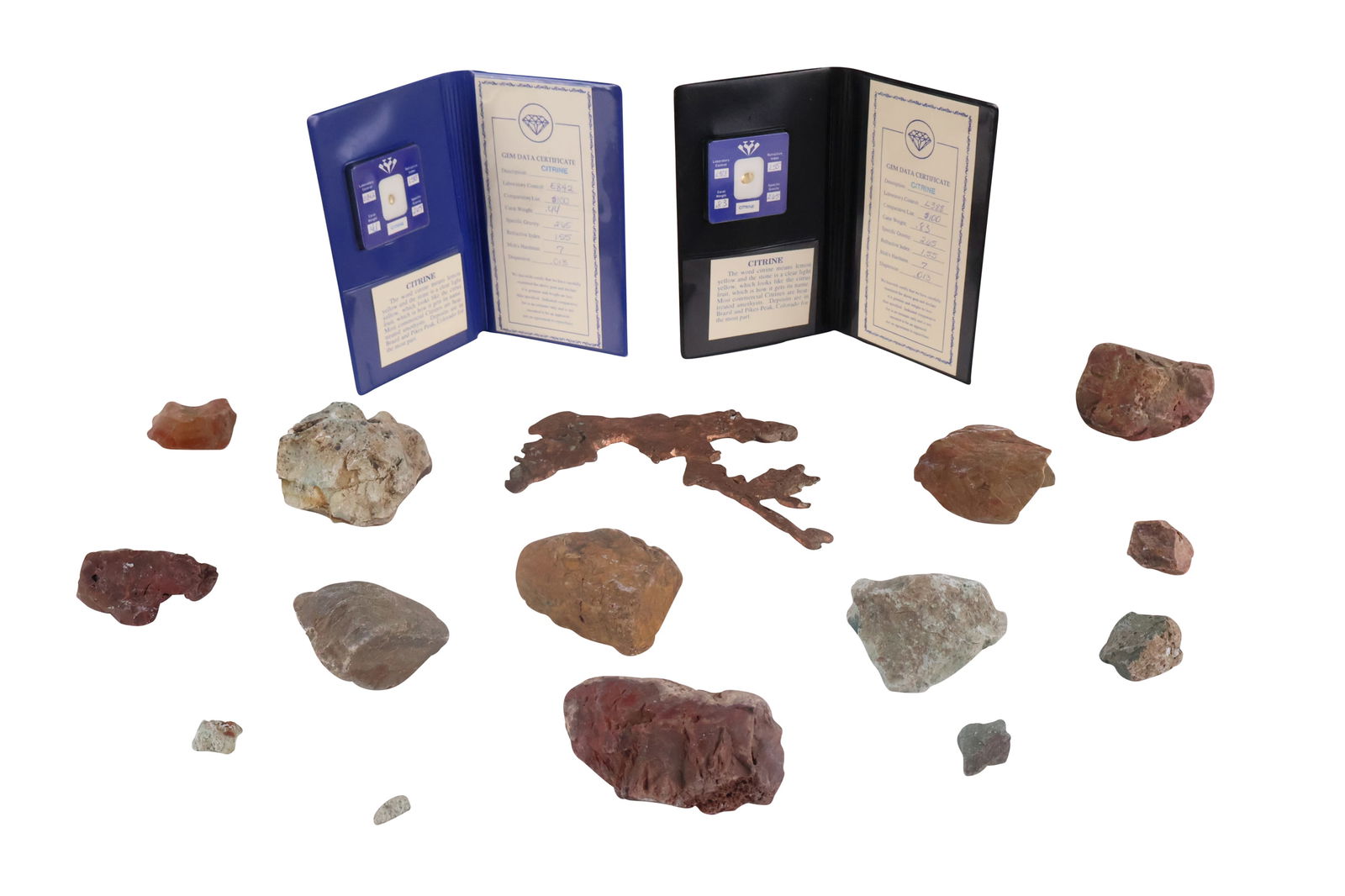 Group of Assorted Rocks, Citrine and Copper Slag: Group of Assorted Rocks, Citrine and Copper SlagGroup of Assorted Rocks, Citrine and Copper Slag.