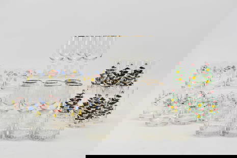 Group of Assorted Modern Drinking Glasses: Group of Assorted Modern Drinking GlassesGroup of Assorted Modern Drinking Glasses . Comprising eleven Hand Painted floral, seven Christmas Tree tall glasses, four coin spot glasses and eleven with gr