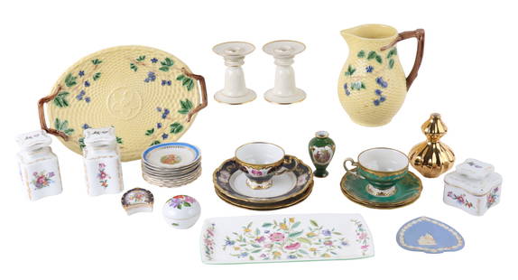 Group of Assorted Porcelain Table Articles: Group of Assorted Porcelain Table ArticlesIncluding, a Tiffany & Co. pitcher and plate, three Bavarian teacups and saucers, a vanity set, a Wedgwood plate, and a Jonathan Adler vase. 31 pieces.Wear, c