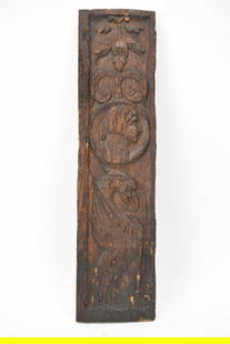 Antique Continental Carved Architectural Panel: Antique Continental Carved Architectural PanelAntique Continental Carved Architectural Panel. Depicting Facial profile and Phoenix. Used condition, wear worn. 24 1/4" tall x 6" x 3/4"