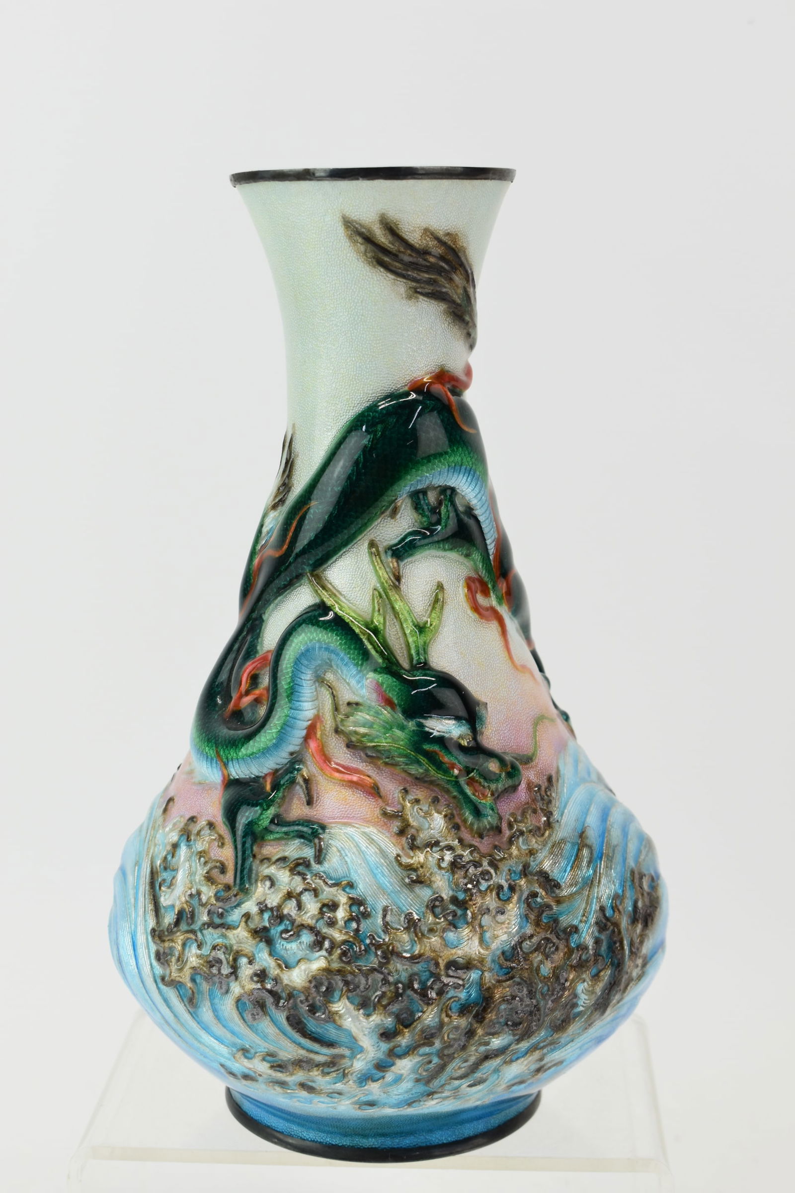 Japanese Cloisonne Enamel Vase Featuring a Dragon: Japanese Cloisonne Enamel Vase Featuring a DragonJapanese Cloisonne Enamel Vase Featuring a Dragon and Water in vibrant colors; used condition, minor damage to clear coat, some staining toward bottom;