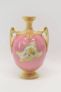 Royal Worcester Double-Handled Porcelain Vase: Royal Worcester Double-Handled Porcelain VaseRoyal Worcester Double-Handled Porcelain Vase having pink ground with gilt accents and floral hand painted decoration, marked at underside with Royal Worce