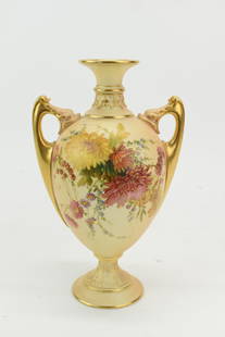 Rare Royal Worcester Double Handled Vase: Rare Royal Worcester Double Handled VaseRare Royal Worcester Double Handled Vase with Floral decoration and Dolphin form handles #2158 Used condition, overall size 10" tall x 6 1/4" from handle to han