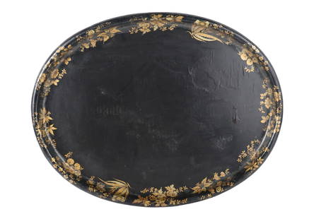 Parcel-Gilt and Black Papier Mache Tray: Parcel-Gilt and Black Papier Mache TraySigned underside by I.J. Mechi, Regent Street.Losses, wear, surface distress.1 1/2 x 25 x 19 1/2 in. (3.8 x 63.5 x 49.5 cm.)