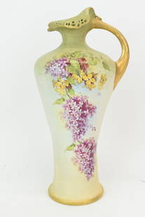 Tall Amphora Lilac Decorated Handled Vase: Tall Amphora Lilac Decorated Handled VaseTall Amphora Lilac Decorated Handled Vase. Used condition, 15 3/4" tall x 7 1/2" to end of handle x 6 1/2" diameter