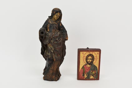 Antique Carved Wooden Polychrome Figural of Mary