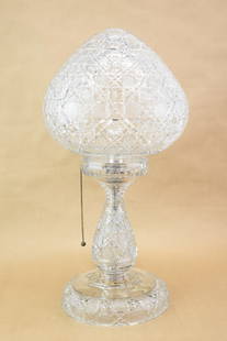 Antique Brilliant Cut Glass Table Lamp: Antique Brilliant Cut Glass Table LampAntique Brilliant Cut Glass Table Lamp in the Harvard pattern with Strawberry form shade. Used unknown working condition. Overall size 19 1/2" tall with 10" diame