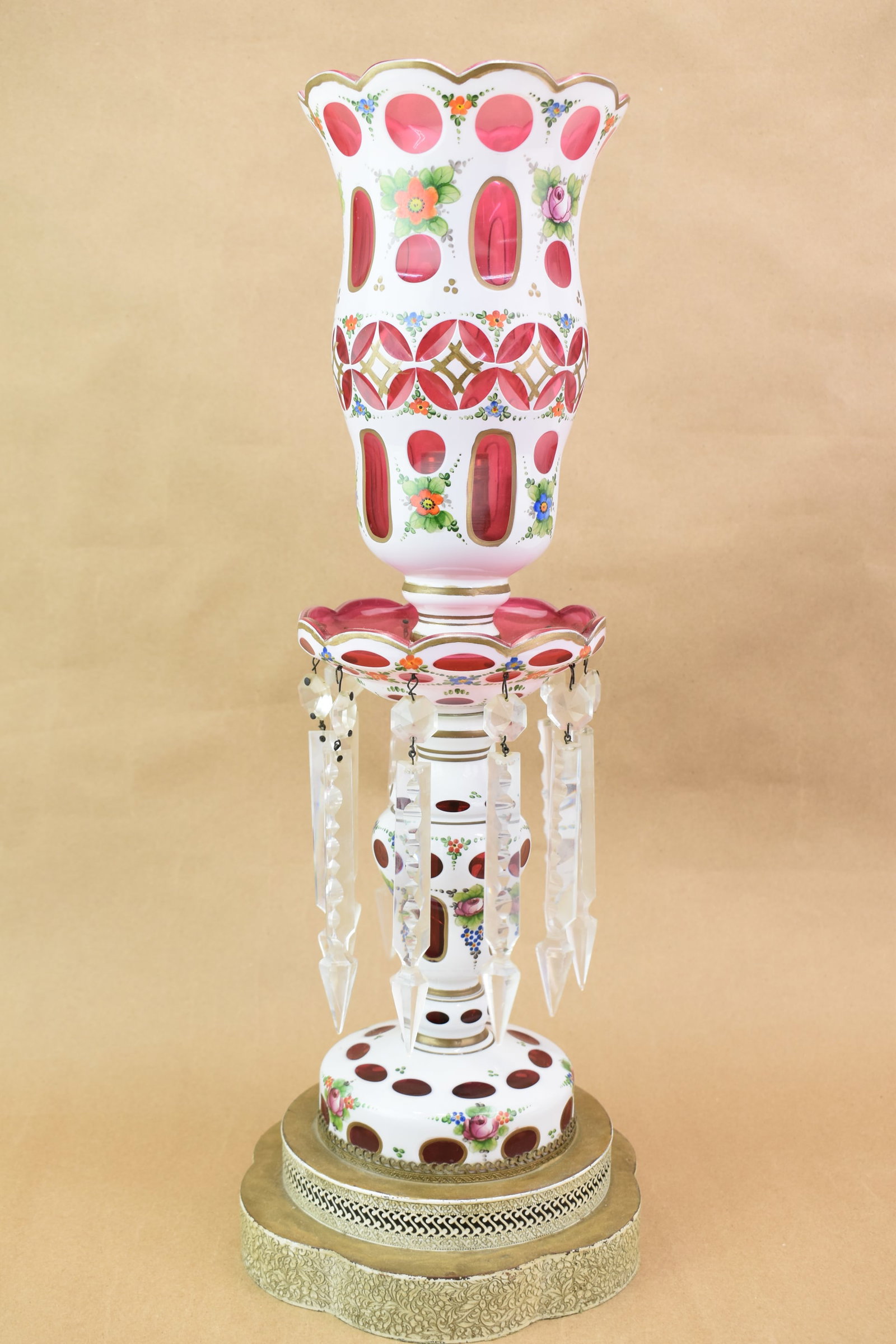 Vintage Cut Cranberry Luster Form Table Lamp: Vintage Cut Cranberry Luster Form Table Lamp Vintage Cut Cranberry Luster Form Table Lamp. Used not working condition, overall size 22 1/2" tall x 7 1/2" diameter at base