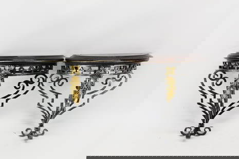 Pair of Maitland Smith Florentine Wall Brackets: Pair of Maitland Smith Florentine Wall BracketsPair of Maitland Smith Florentine Iron Wall Brackets with leather tops. Used condition, losses to leather, 14 3/4" tall x 14" x 7 1/2" deep