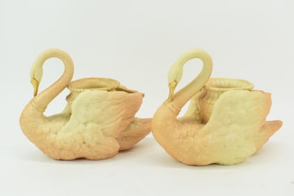 Near Pair Royal Worcester Swan Form Porcelain Planters