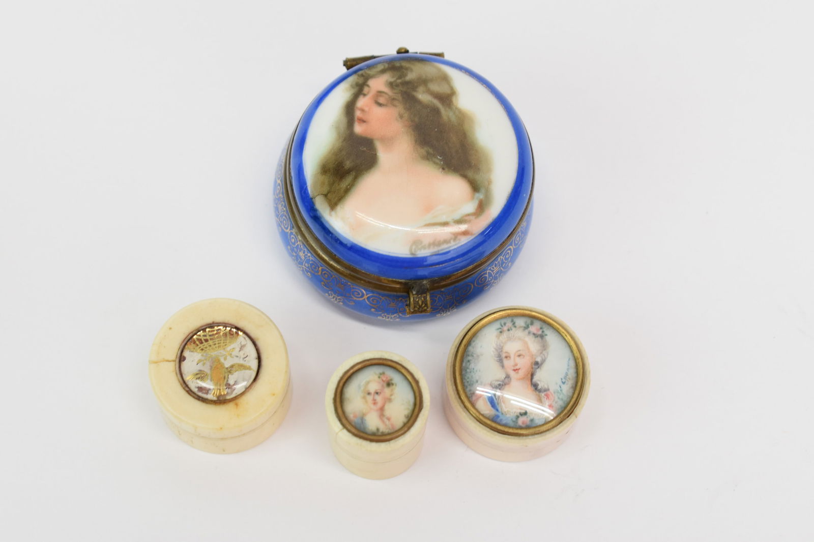 Group of Three Assorted Miniature Portrait Vanity Jars: Group of Three Assorted Miniature Portrait Vanity JarsGroup of Three Assorted Miniature Bone Portrait Vanity Jars. Together with an Austrian Portrait hinged dresser box. Austrian measures 1 1/8" tall