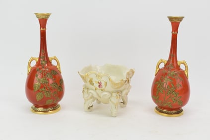 Pair of Royal Worcester Gilt Floral and Foliate Decorated Vases