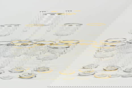 Antique Set of Gilt Decorated Stemware: Antique Set of Gilt Decorated StemwareAntique Set of Gilt Decorated Stemware. Comprising nine desserts each measures 6 5/8" tall x 4 3/4" diameter with one extra dessert having crack. Together with 6