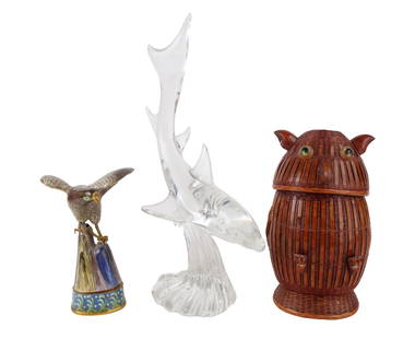 Chinese Eagle and Snake Cloisonne Box: Chinese Eagle and Snake Cloisonne BoxTogether with a glass shark sculpture and an owl-form rattan box. 3 piecesShark: 16 1/2 x 9 x 5 3/4 in. (41.9 x 22.9 x 14.6 cm.)