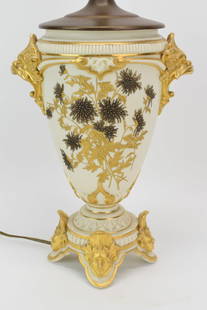 Royal Worcester Double-Handled Porcelain Lamp: Royal Worcester Double-Handled Porcelain LampRoyal Worcester Double-Handled Porcelain Lamp having cream ground with raised gilt decoration and raised gilt floral chrysanthemum decoration, and a base h