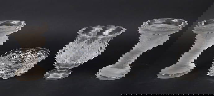 Colorless Glass Baccarat Scroll Ashtray: Colorless Glass Baccarat Scroll AshtrayTogether with a Lalique Dampier crystal vase with chip to rim and a Pair of Henrich Hoffman Glass Bear Compotes. Used condition2-1/4"h x 5"dia., 4-3/4"h x 5"dia.