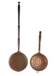 Pierced Copper Bed Warmer and Chestnut Roaster: Pierced Copper Bed Warmer and Chestnut Roaster>18th/19th C.Comprising a hear and star-decorated example and a repousse serpent-decorated example. 2 pieces.Provenance: Property from a Private Charlotte