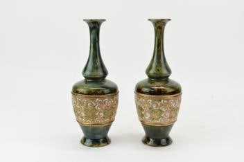 Pair of Stoneware Enamel Decorated Vases