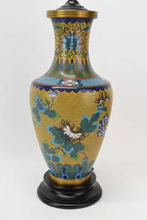 Asian Cloisonné Table Lamp: Asian Cloisonné Table LampAsian Cloisonné Table Lamp with floral and foliate decoration. Used condition. Overall size 23" tall to top of socket x 7 1/2" dia