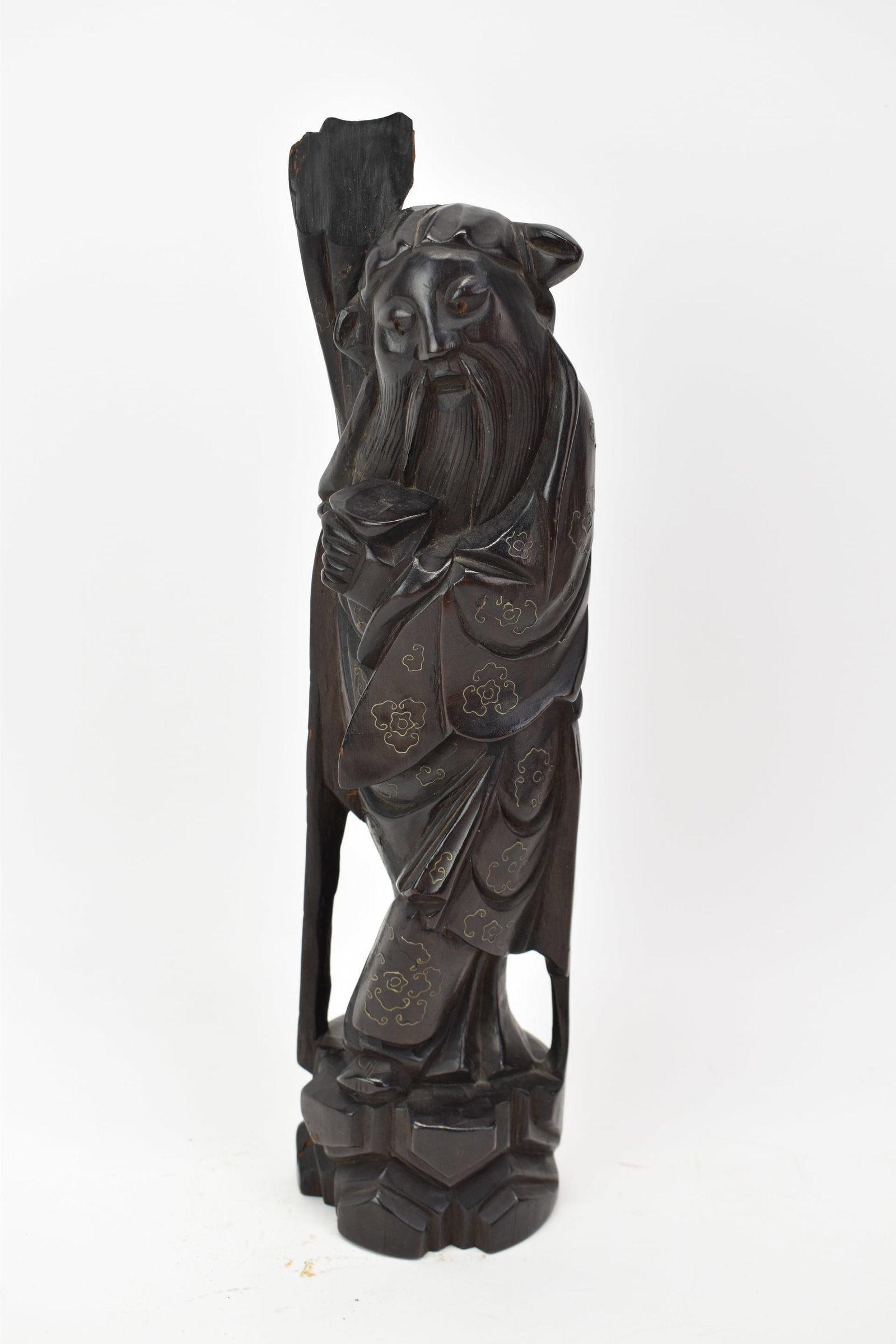 Asian Carved Hardwood Figural of Shoe Lao: Asian Carved Hardwood Figural of Shoe Lao Asian Carved Hardwood Figural of Shoe Lao having inlaid brass decoration. Used condition, split to wood, losses. 13 1/2" tall x 3 1/2" x 3 1/4"