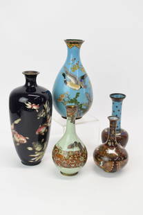 Group of Four Assorted Asian Cloisonné Vase: Group of Four Assorted Asian Cloisonné VaseGroup of Four Assorted Asian Cloisonné Vase comprising of blue vase with goldfish decoration, sky blue vase with duck decoration, light green vase with but