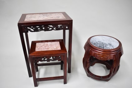 Group of Three Asian Hardwood Marble Inset Stands