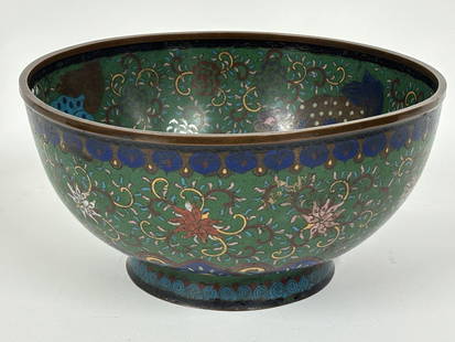 Asian Champleve Bronze and Enamel Center Bowl: Asian Champleve Bronze and Enamel Center BowlAsian Champleve Bronze and Enamel Center Bowl, having central figure riding phoenix with Foo dog and floral design. Used condition. measures 10 1/4" dia x
