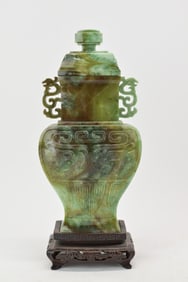 Asian Jade Covered Urn On Hardwood Stand