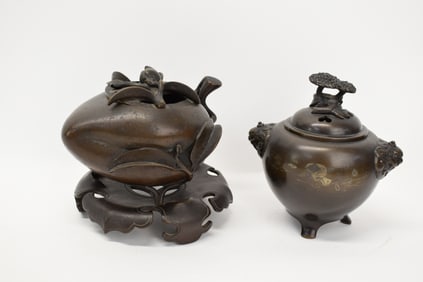 Chinese Bronze Peach Form Censer on Stand