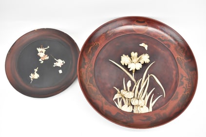 Asian Carved Bone Floral Decorated Wooden Charger